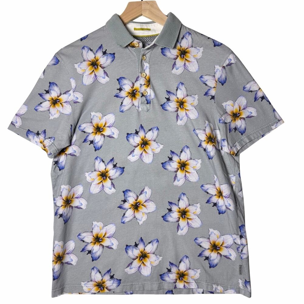 Ted Baker Floral Print Polo Shirt Mens 3/M Short Sleeve 100% Cotton Tropical